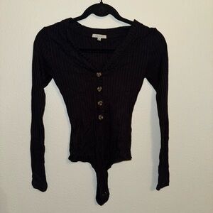 Black Ribbed Button-Up Bodysuit